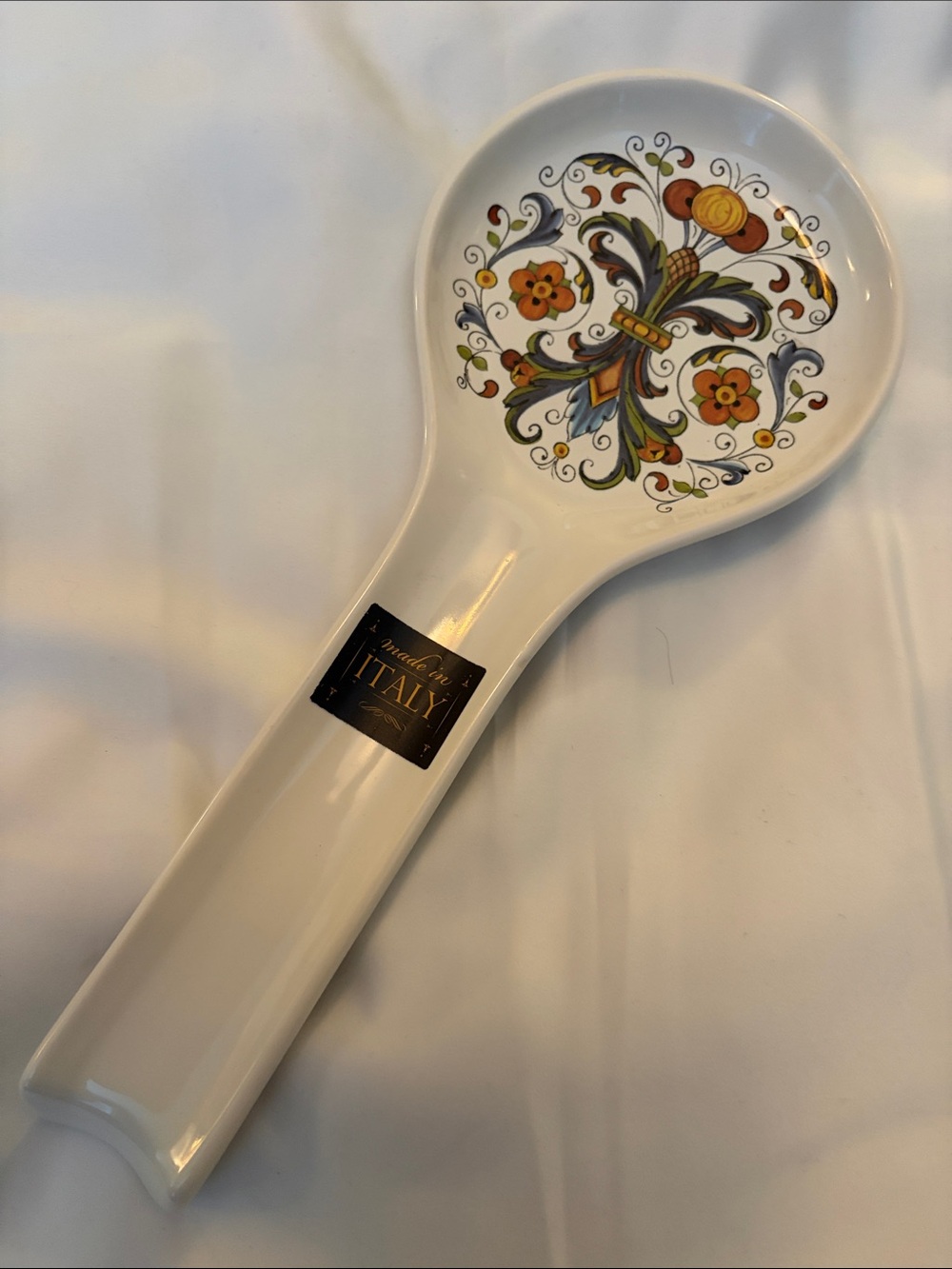 Made in Italy White Ceramic Spoon Rest with Multicolor Floral Pattern